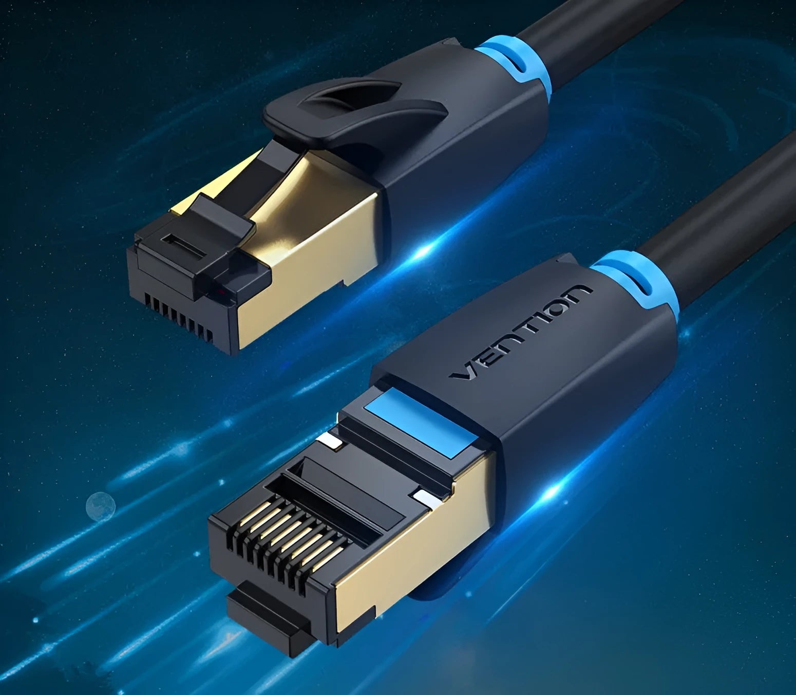 CAT8 shielded Ethernet cable with RJ45 connectors, shown in flat and round styles on a desktop.