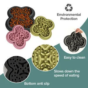 Silicone pet licking pad slow feeder mat in various colours on a floor