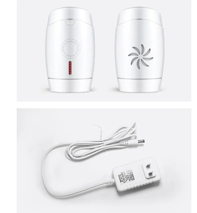 White home laser hair removal device on a table showing its compact size.