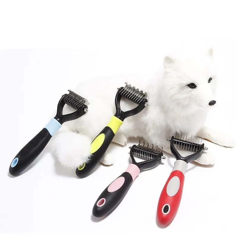 Dog knot opening comb in small or large size, plastic and stainless steel, multiple colours, 17.3cm length