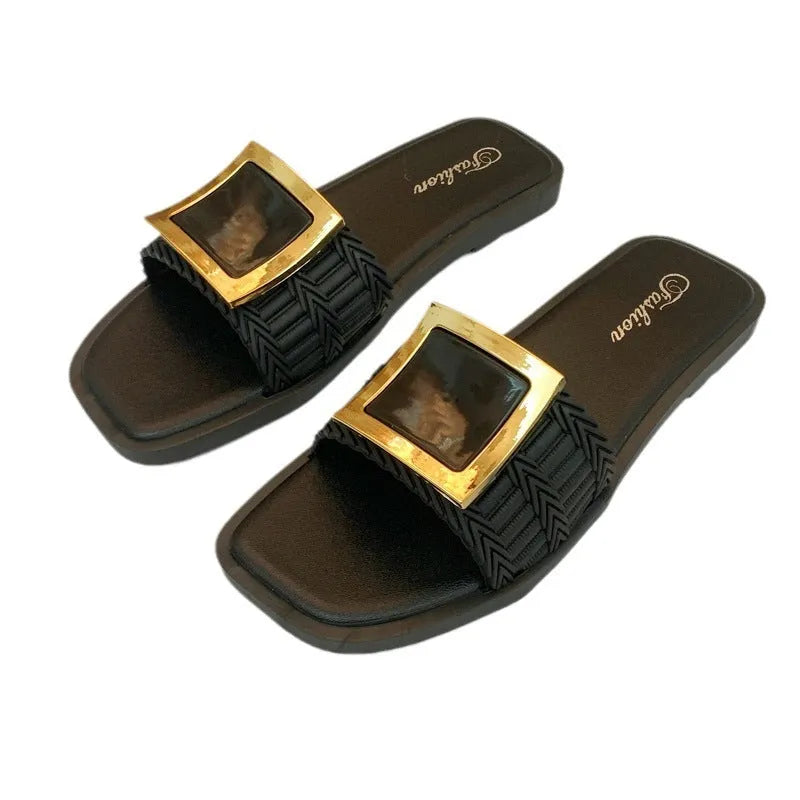 Women's flat summer slippers in apricot colour with PVC sole showing casual design