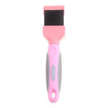 Blue double-sided pet brush with stainless steel pins next to a pink large version on a wooden surface.
