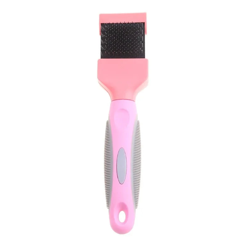 Blue double-sided pet brush with stainless steel pins next to a pink large version on a wooden surface.