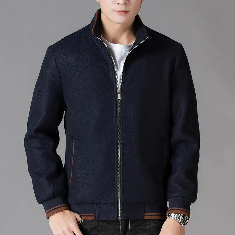 Men's grey woolen fleece sports jacket with long sleeves and a size stick pocket.