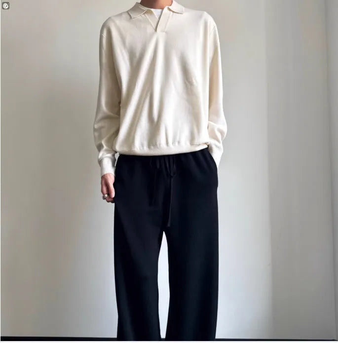 Men's pure wool polo sweater with lapel collar in milky white colour, loose fit with long sleeves