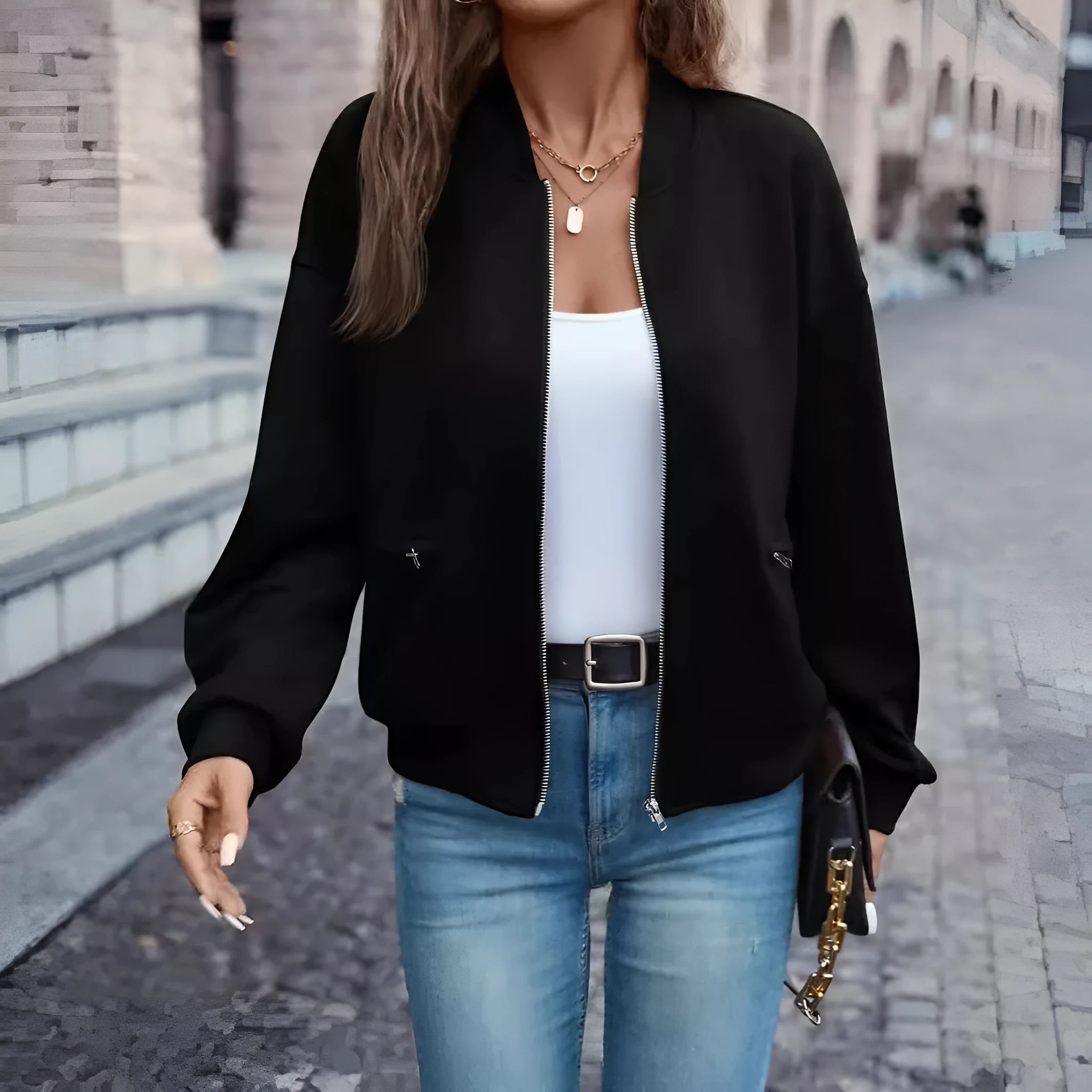 Black women's casual zip-front jacket with long sleeves for autumn and winter wear