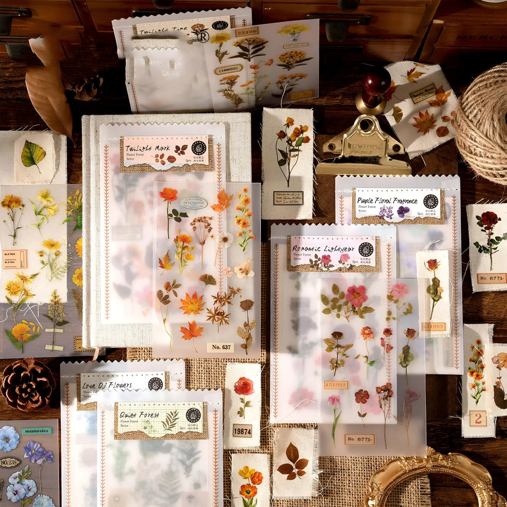 Huazhisen forest art deco sticker pack showing six 85x180mm designs with transfer paper and cotton linen sheets