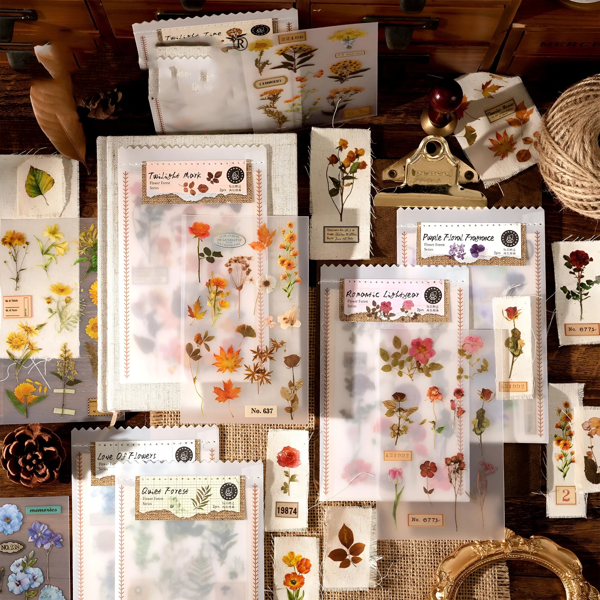 Huazhisen forest art deco sticker pack showing six 85x180mm designs with transfer paper and cotton linen sheets