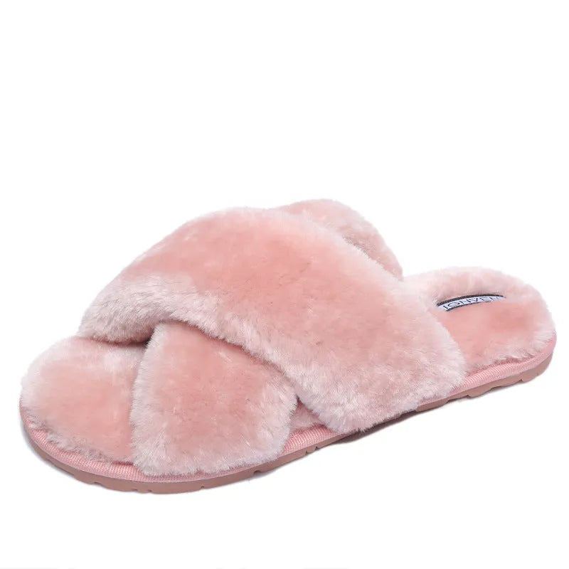 Cross open-toe fur slippers showing open-toe design and patterned non-slip sole