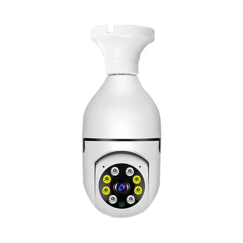 White wireless bulb security camera with lens, shown next to a ruler indicating 5cm width and 12cm height.