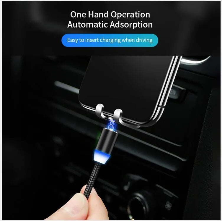 YBD black magnetic USB charging cable with LED light, shown with Lightning, Micro-USB, and Type-C connectors.