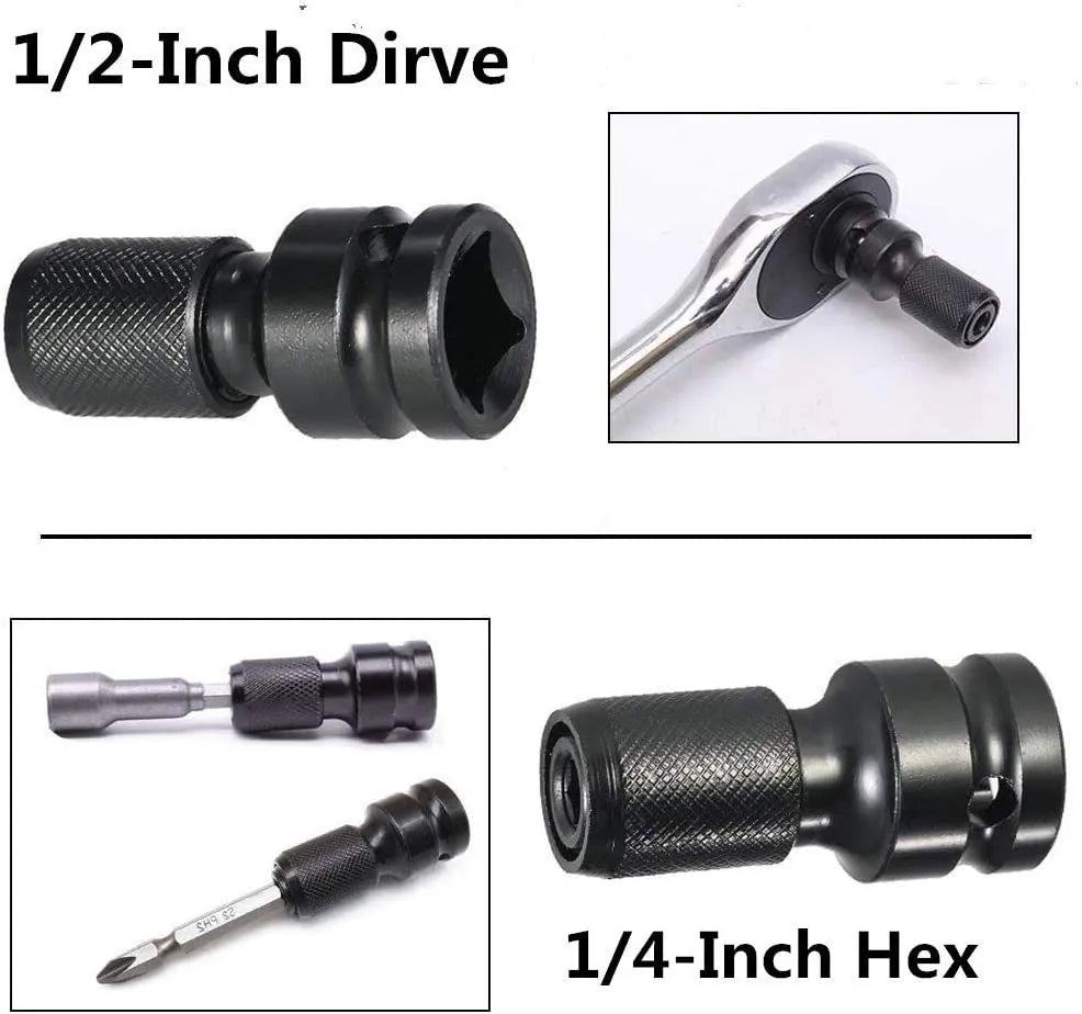 Square turn hexagonal handle telescopic scaling bit holder for electric wrenches converting between 1/4 and 1/2 inch drive sizes.