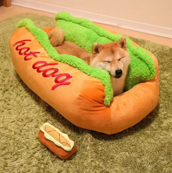 Soft flannelette hot dog bed for pets with removable cushion and anti-slip base in multiple sizes.
