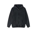Men's vintage washed cotton hooded cardigan with fleece lining and a double zipper front.