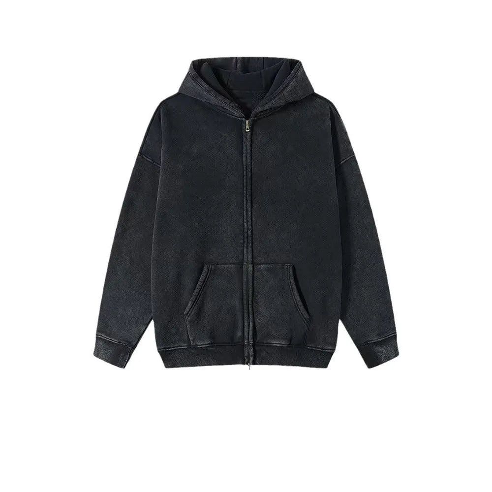 Men's vintage washed cotton hooded cardigan with fleece lining and a double zipper front.