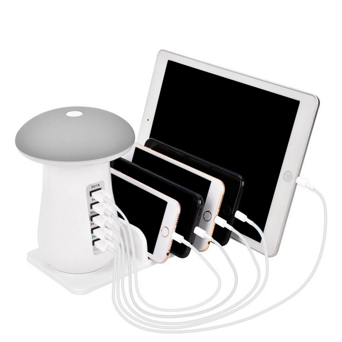 White mushroom-shaped LED lamp and 5-port USB charging dock station on a wooden desk.