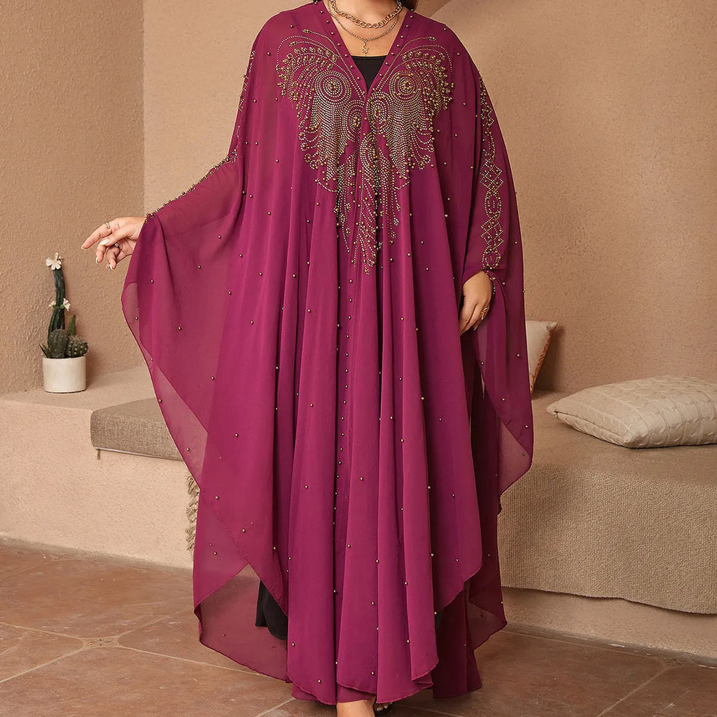 Purple Muslim style chiffon shawl with rhinestone beading detail laid flat showing 135-175cm length