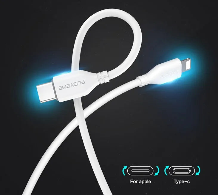 White braided nylon Apple USB-C to Lightning cable measuring 1 metre with aluminium connectors