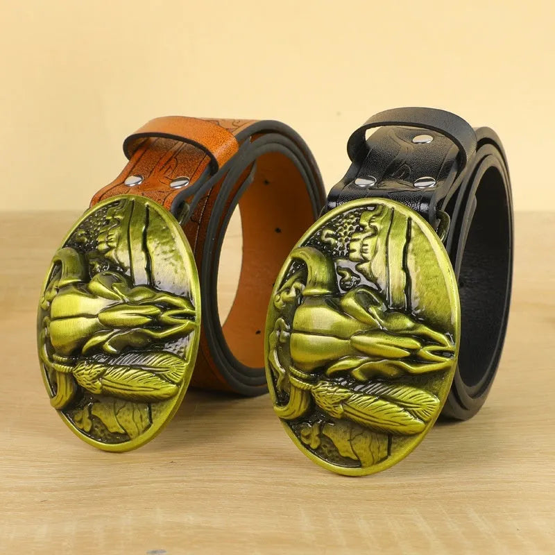 Men's black belt with detailed alloy cow head buckle showing carved and embossed design on imitation leather strap
