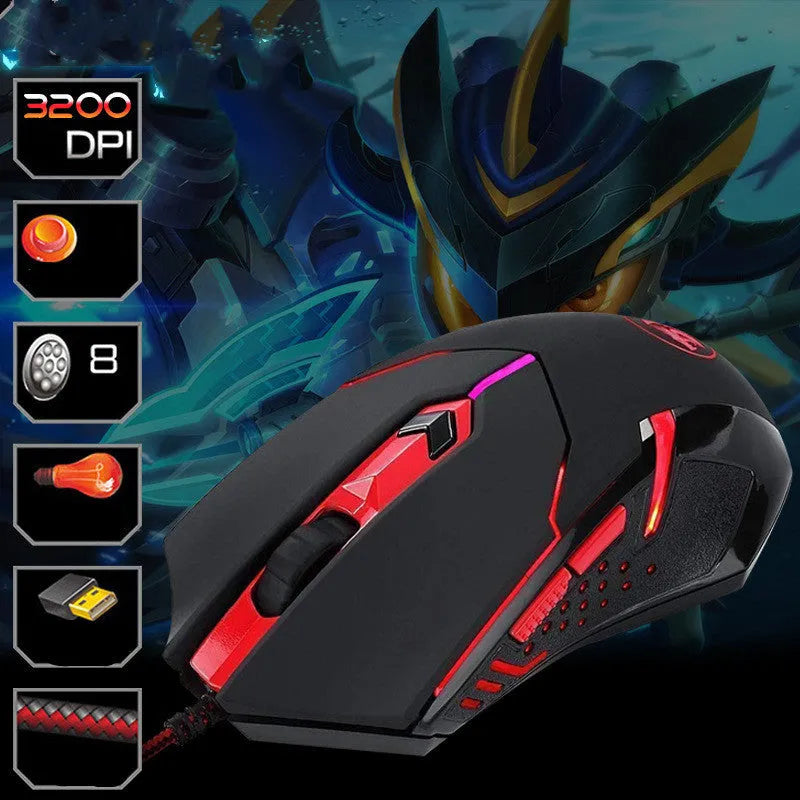 Black and red ergonomic USB wired gaming mouse with six buttons on a desk