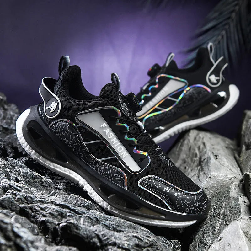 Men's mesh sports shoes in beige orange with elastic band and popcorn TPU sole