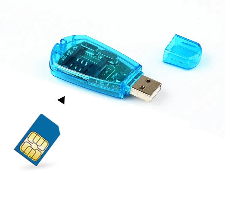 Blue external USB SIM card reader for backing up mobile phone contacts and messages.