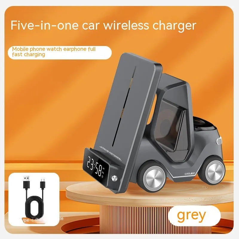 Grey foldable wireless charging bracket holding three smartphones at 45-degree angle