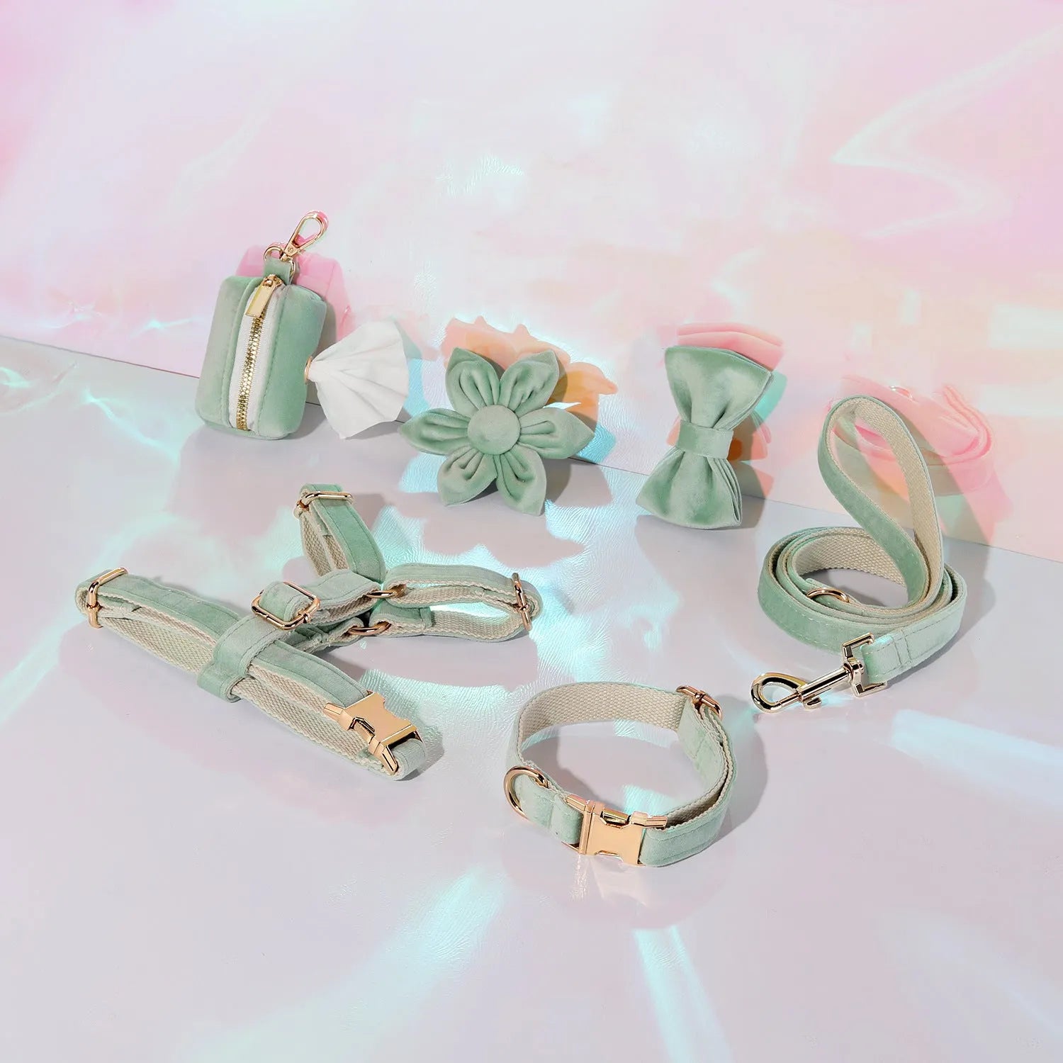 Classic velvet soft pet collar and traction rope set with chest strap, bow tie, flower and toilet bag accessories