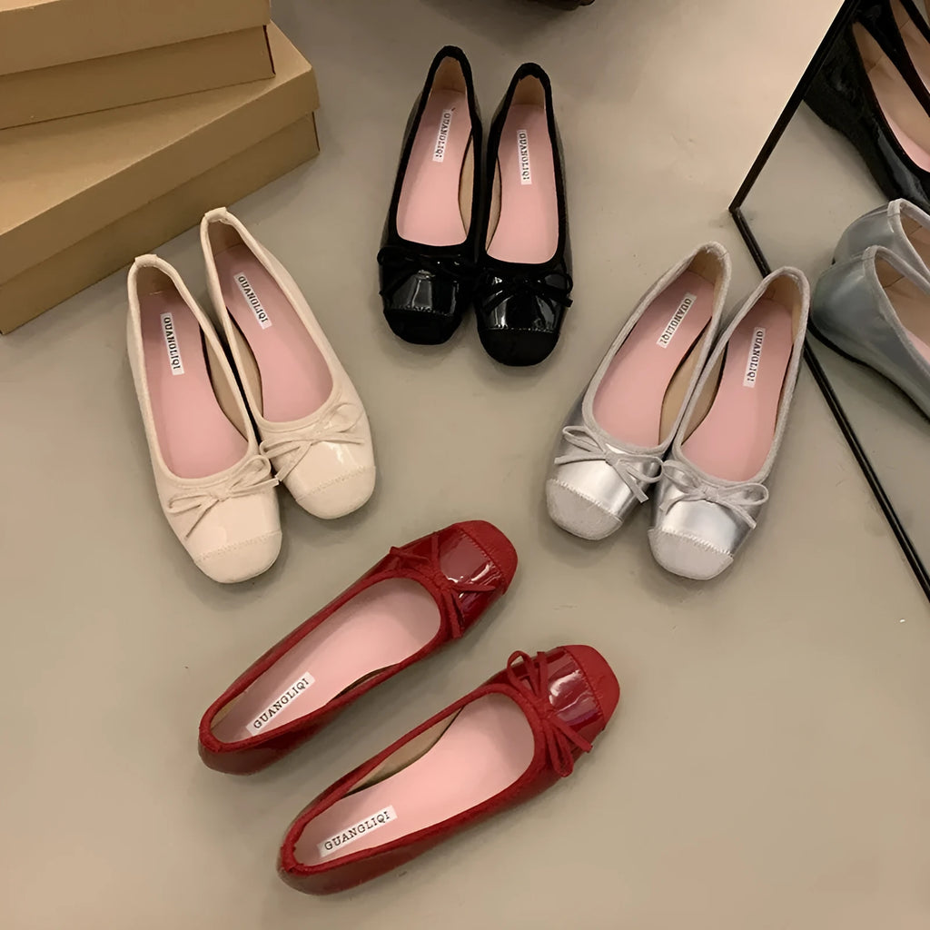 Women's wine red retro Mary Jane ballet flats with a bow and square toe on a rubber sole.