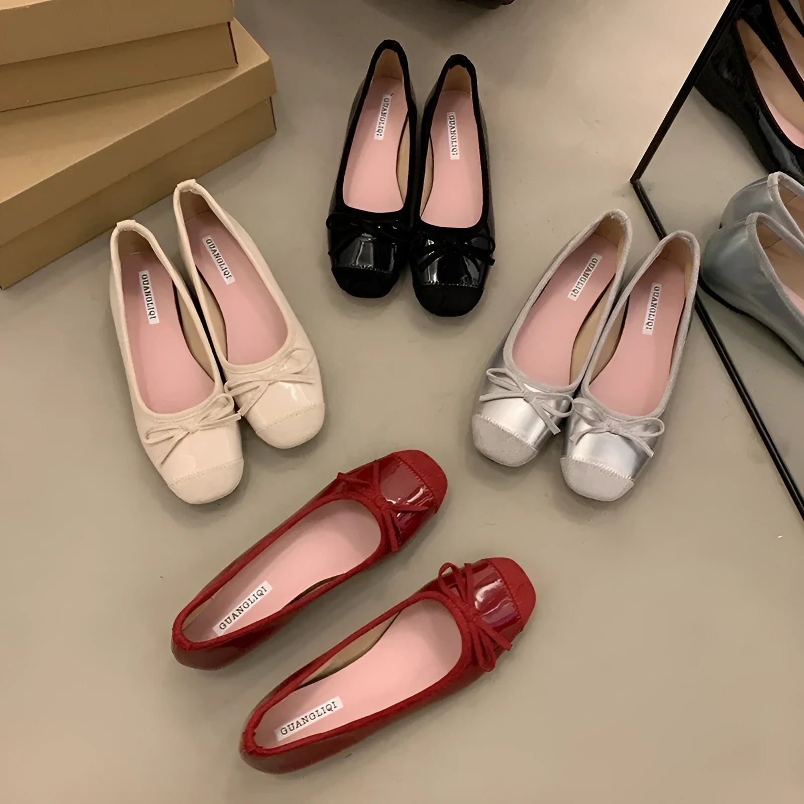 Women's wine red retro Mary Jane ballet flats with a bow and square toe on a rubber sole.