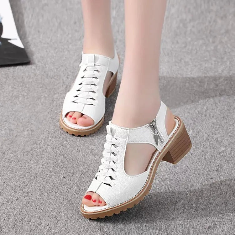 Women's black retro sandals with a side zipper and a middle heel.