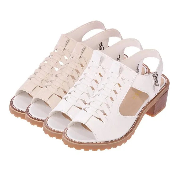 Women's black retro sandals with a side zipper and a middle heel.