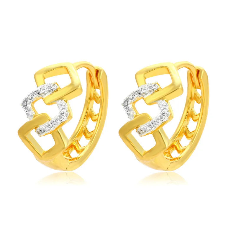 Gold geometric hollow-out alloy earrings with ear clip fastening and colour separation electroplating