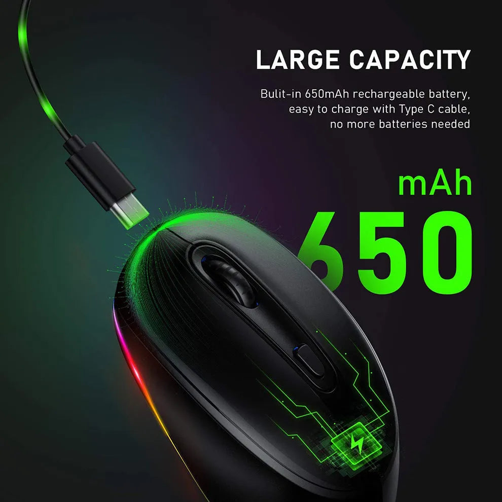Lightweight rechargeable wireless mouse in multiple colours, shown next to its USB charging cable.