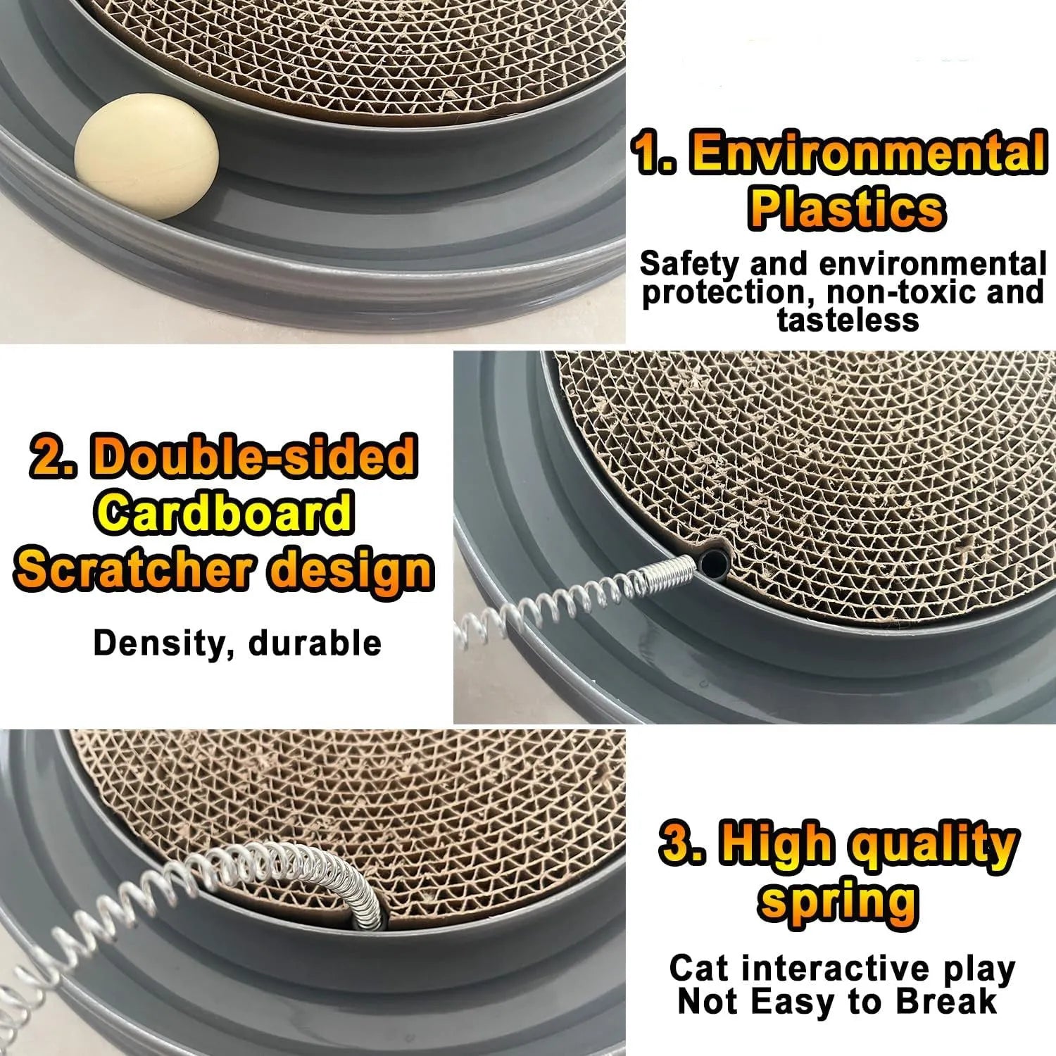 Circular blue cat scratcher with ball track and replaceable cardboard centre for indoor play