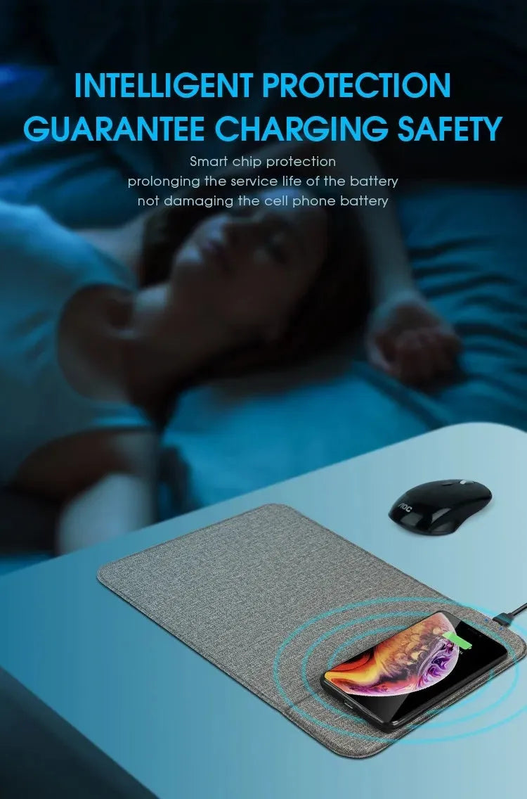 Foldable cloth wireless charging phone holder showing smartphone in charging position at adjustable angle