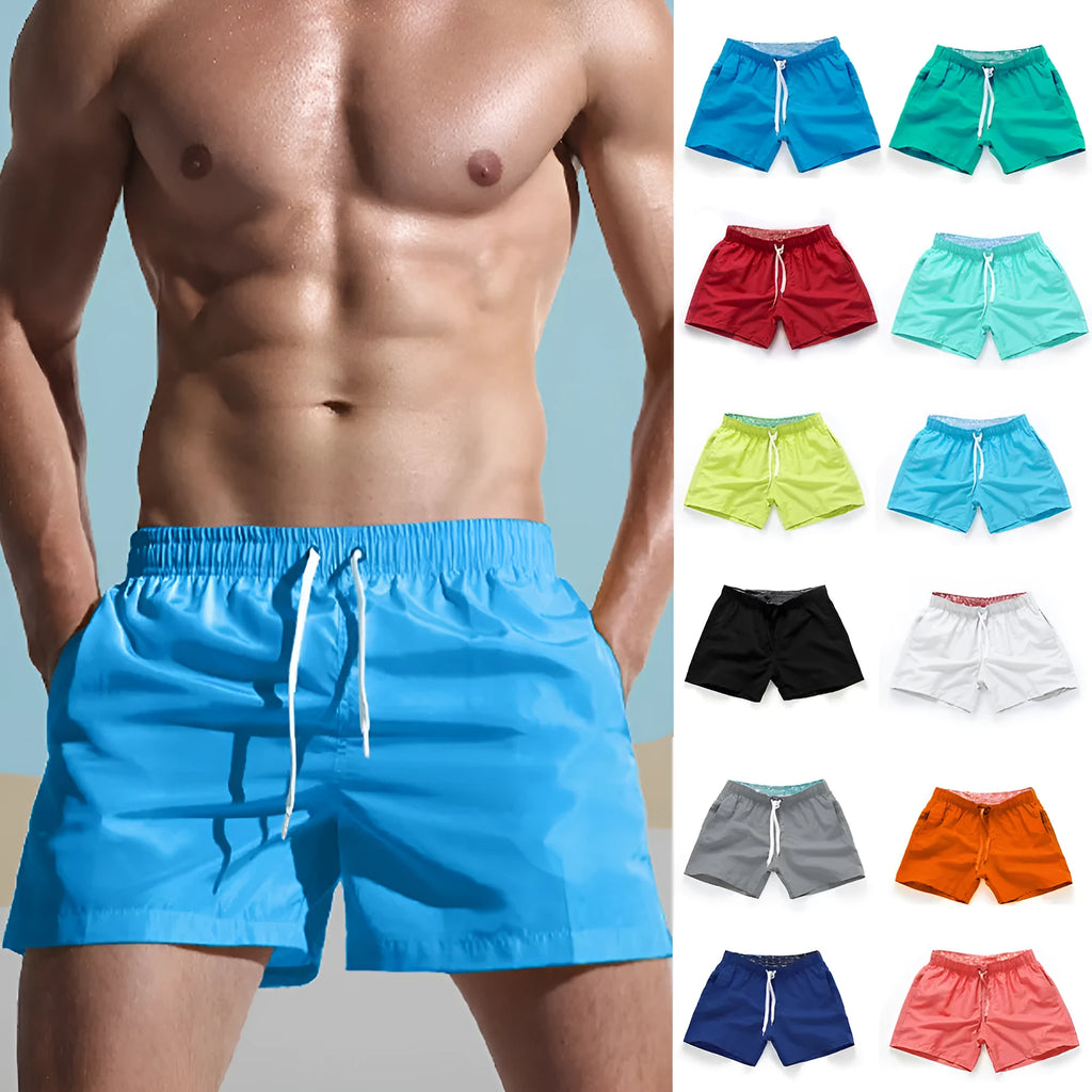 Men's polyester beach shorts in multiple colours with straight leg opening, suitable for surfing and swimming