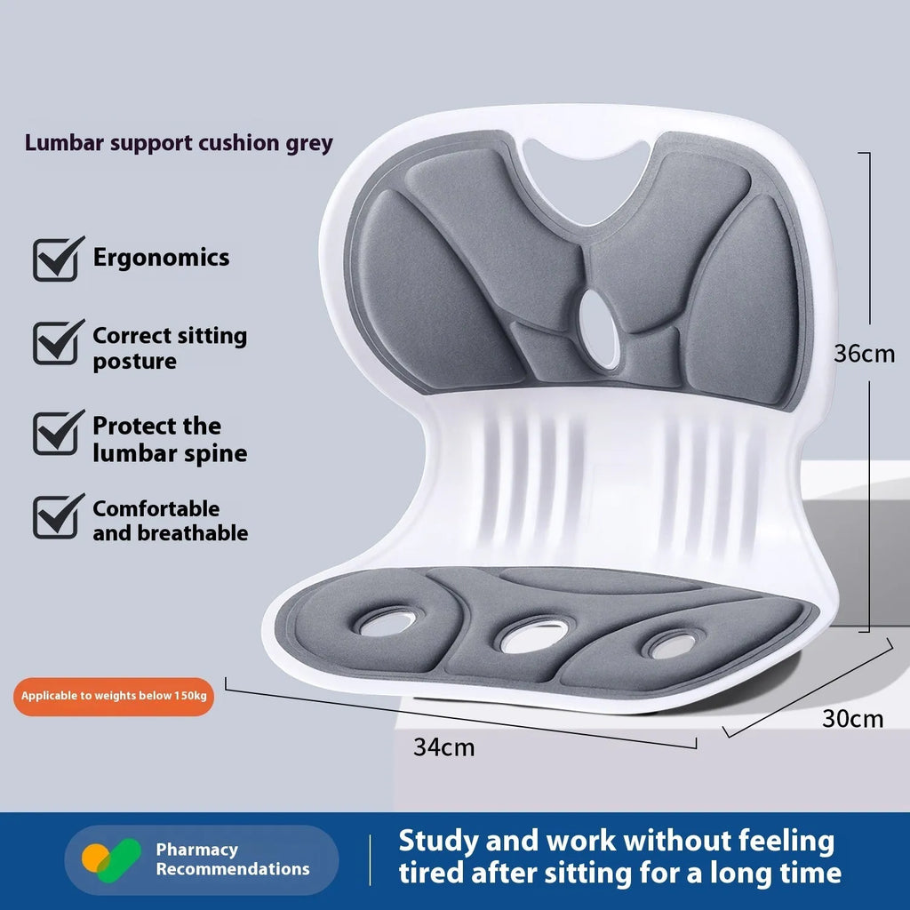 Grey lumbar support cushion with contoured shape for lower back, placed on office chair