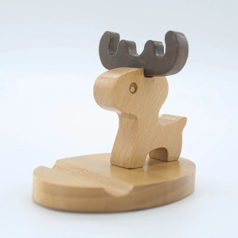 Beech wood mobile phone holder with resin animal decoration and custom lettering on coin back.