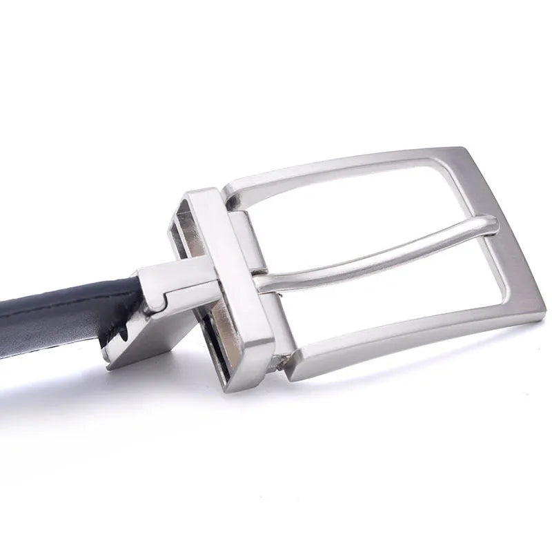 Men's dark brown and black leather casual belt with a silver rotating pin buckle, laid flat.