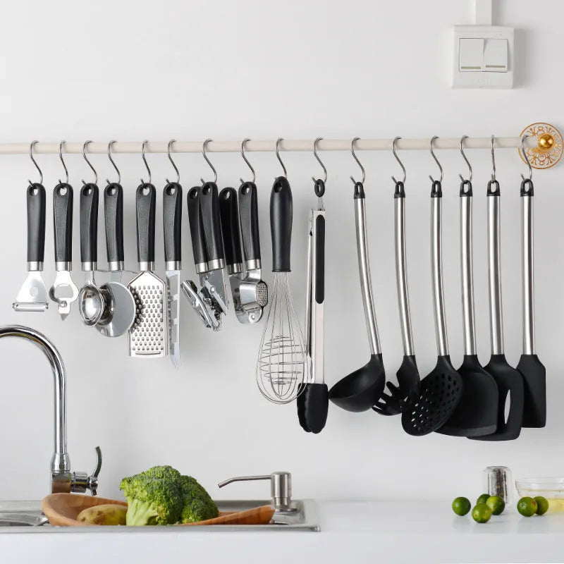 Black silicone spatula and spoon kitchen set with stainless steel handles, 16 pieces