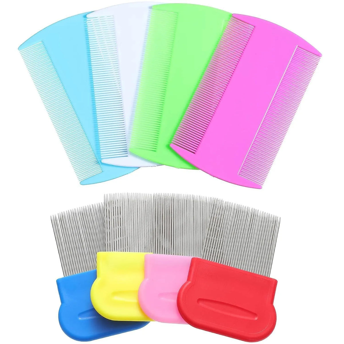 Blue stainless steel dense gear pet flea comb, 4-piece set with large comb 64G or small comb 54G.