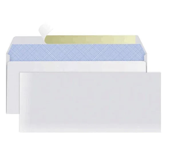 Blue tamper-evident confidential envelope showing self-adhesive strip and 105x240mm dimensions