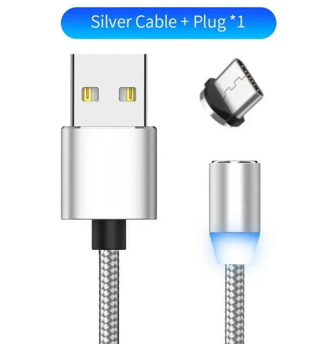 YBD black magnetic USB charging cable with LED light, shown with Lightning, Micro-USB, and Type-C connectors.
