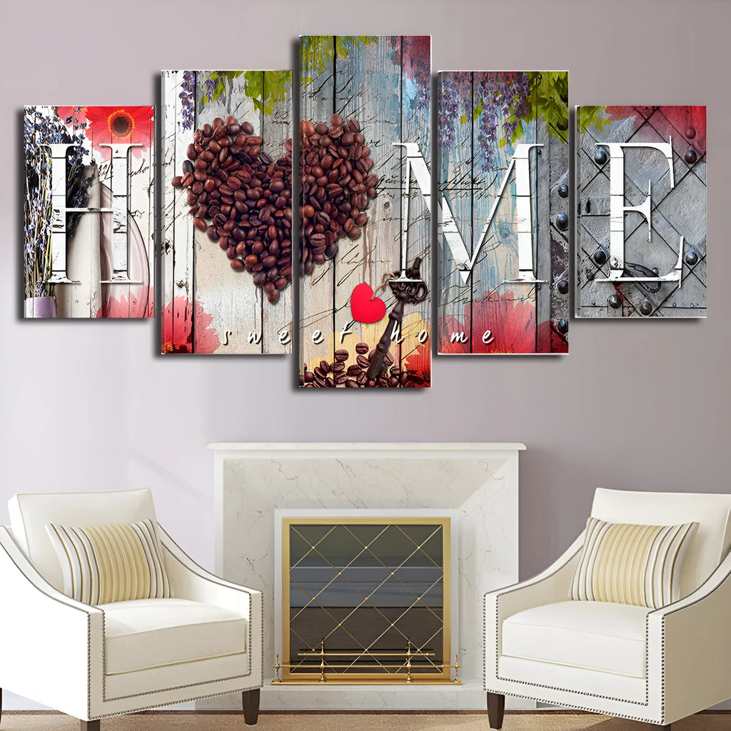Set of five red oil painting home decoration boards arranged as gallery wall display