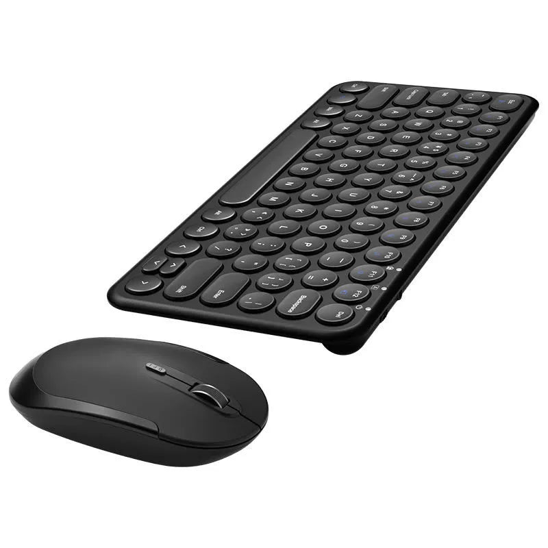 A slim white wireless keyboard and mouse set with a USB receiver on a desk.