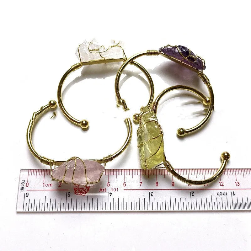 Geometric natural crystal bracelet with gold wire winding in mixed colours