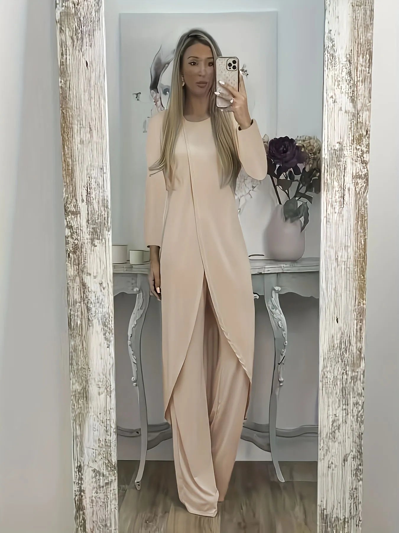 Casual long sleeve polyester two-piece set in khaki, showing loose round neck top and full-length trousers.