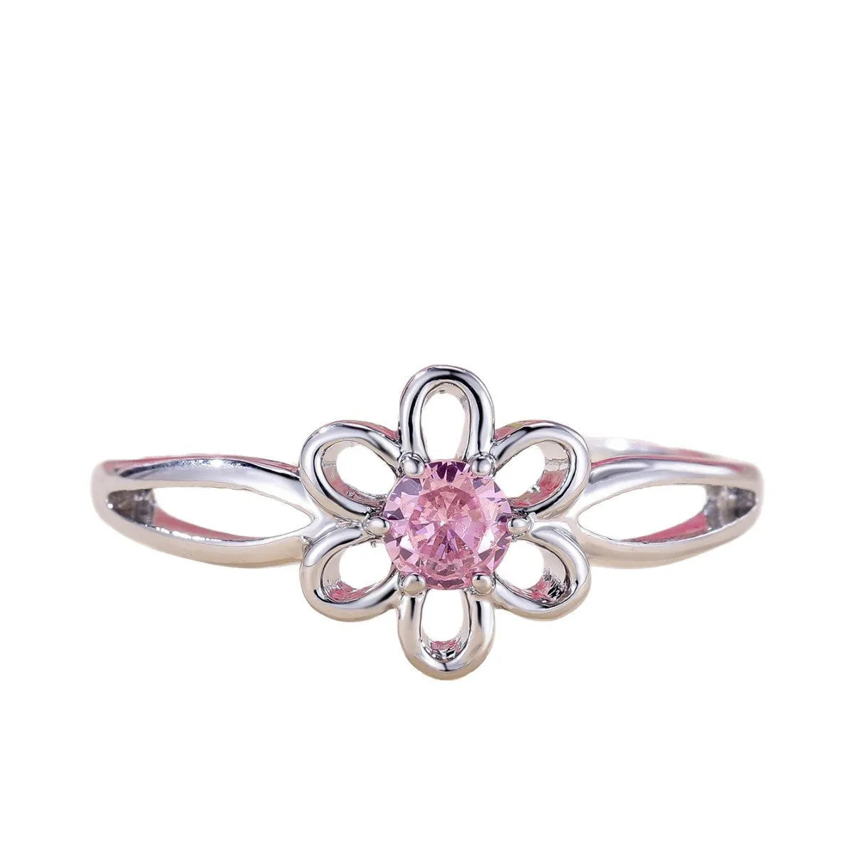 Women's fashion ring with hollowed flower pattern in electroplated copper, platinum pink diamond colour