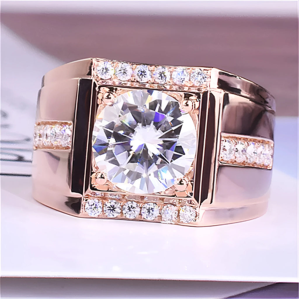 Men's adjustable geometric diamond ring in copper with electroplated finish showing open mouth design